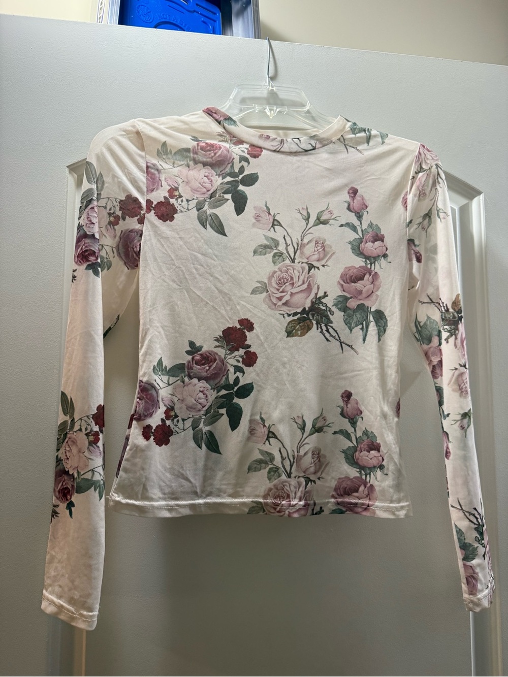 SHEIN Cream Long-Sleeve Floral Tee with Pink Roses